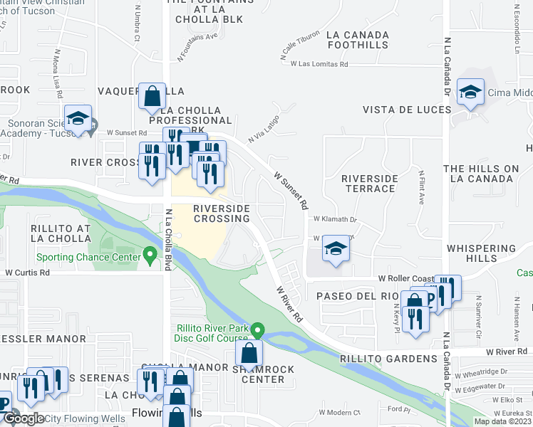 map of restaurants, bars, coffee shops, grocery stores, and more near 1897 West River Otter Drive in Tucson