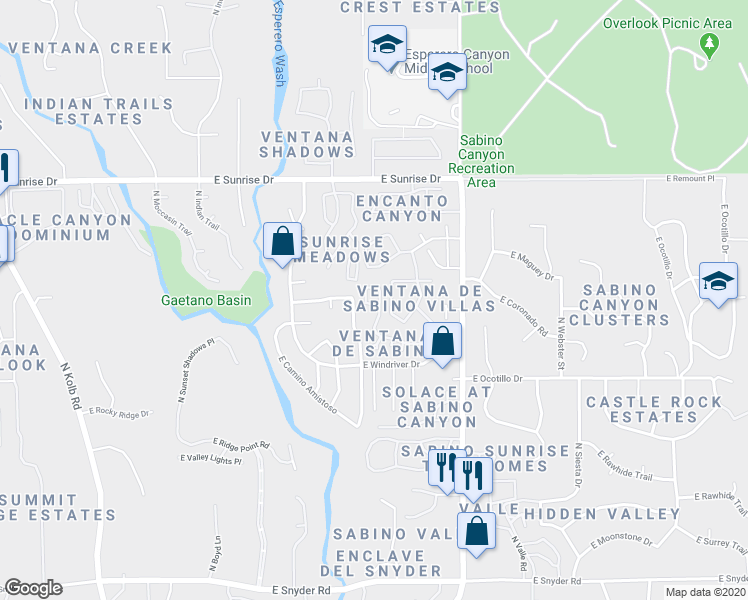 map of restaurants, bars, coffee shops, grocery stores, and more near 5395 North Entrada De Sabino in Tucson