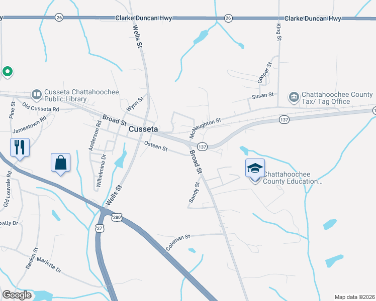 map of restaurants, bars, coffee shops, grocery stores, and more near 103 Osteen Street in Cusseta