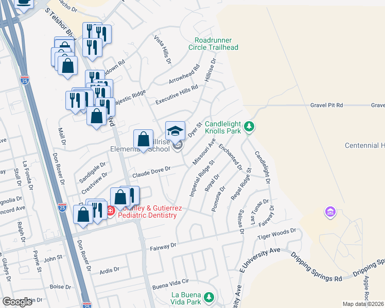 map of restaurants, bars, coffee shops, grocery stores, and more near 3101 Missouri Avenue in Las Cruces