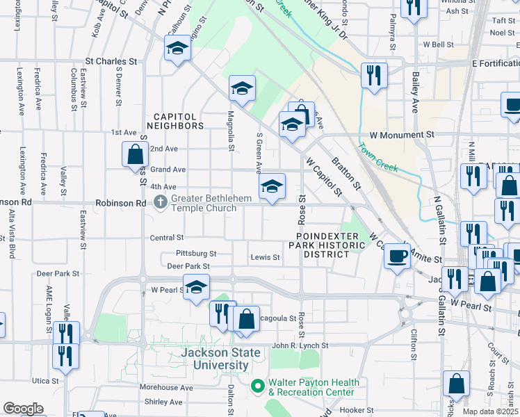 map of restaurants, bars, coffee shops, grocery stores, and more near 1101 Robinson Street in Jackson