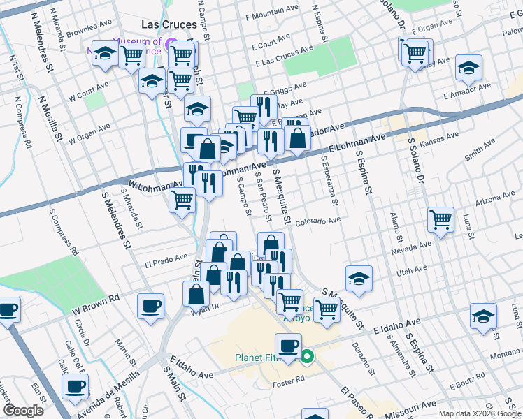 map of restaurants, bars, coffee shops, grocery stores, and more near 805 S Campo St in Las Cruces