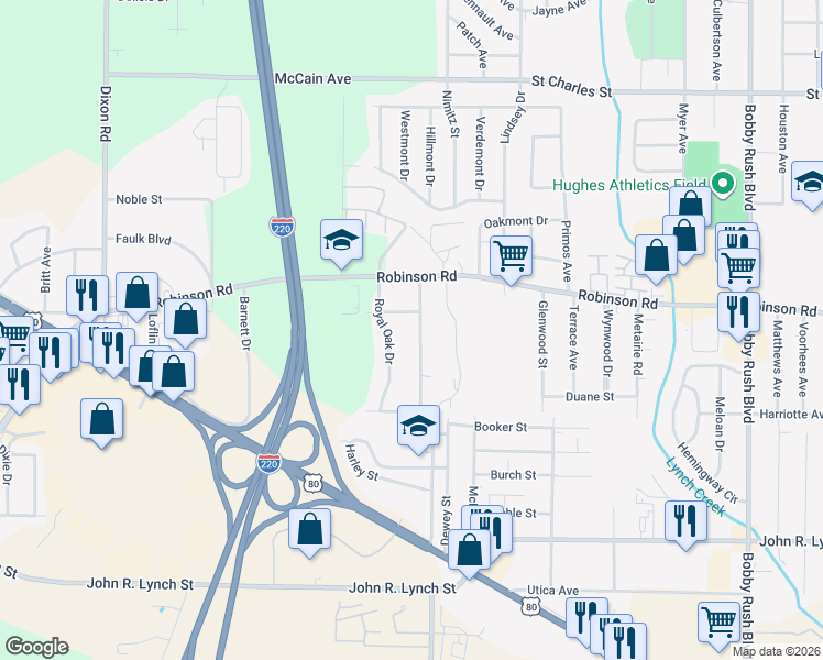 map of restaurants, bars, coffee shops, grocery stores, and more near 944 Royal Oak Drive in Jackson