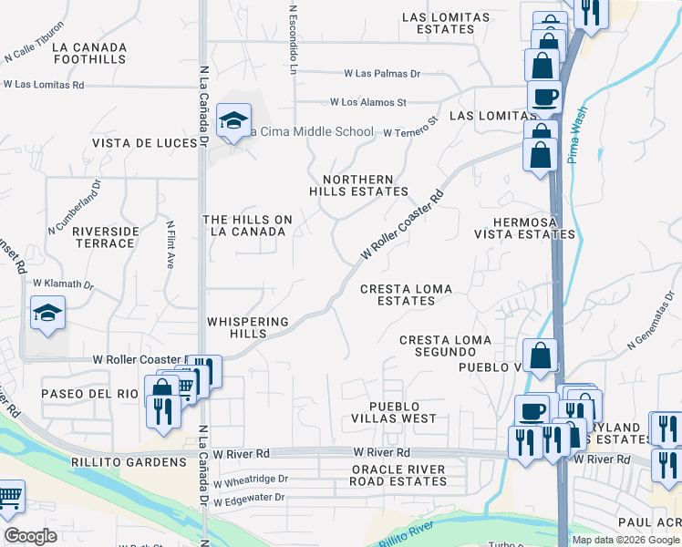 map of restaurants, bars, coffee shops, grocery stores, and more near 1044 West Roller Coaster Road in Tucson