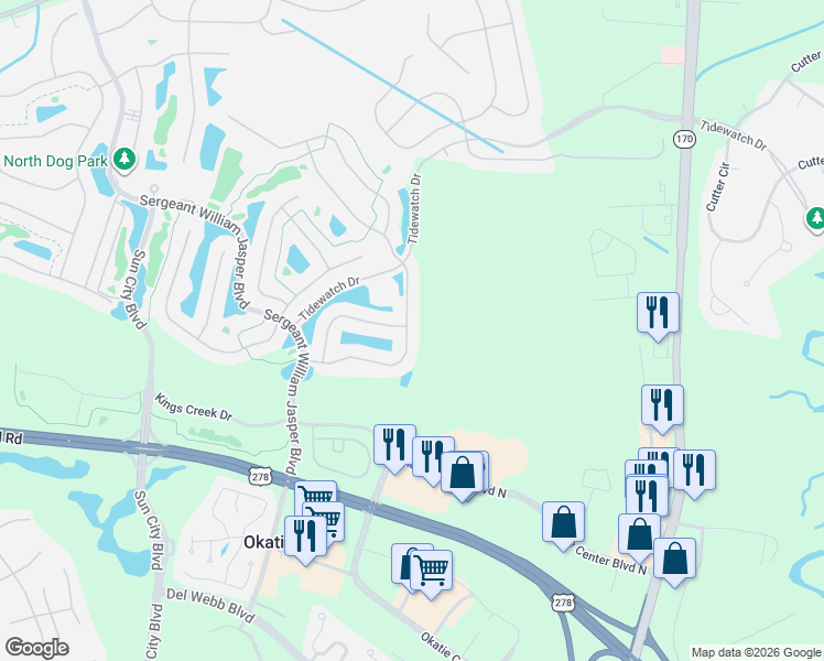 map of restaurants, bars, coffee shops, grocery stores, and more near 426 Mystic Point Drive in Bluffton
