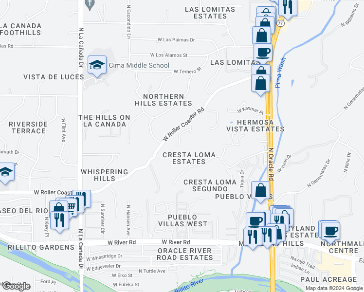 map of restaurants, bars, coffee shops, grocery stores, and more near 5375 North Linda Road in Tucson