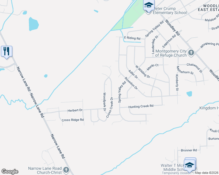 map of restaurants, bars, coffee shops, grocery stores, and more near 3337 Cross Creek Drive in Montgomery