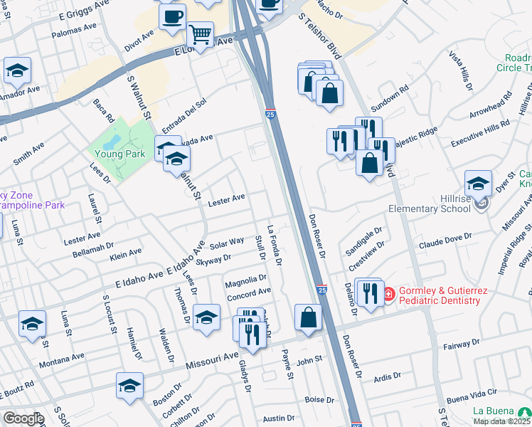map of restaurants, bars, coffee shops, grocery stores, and more near 1217D La Fonda Drive in Las Cruces