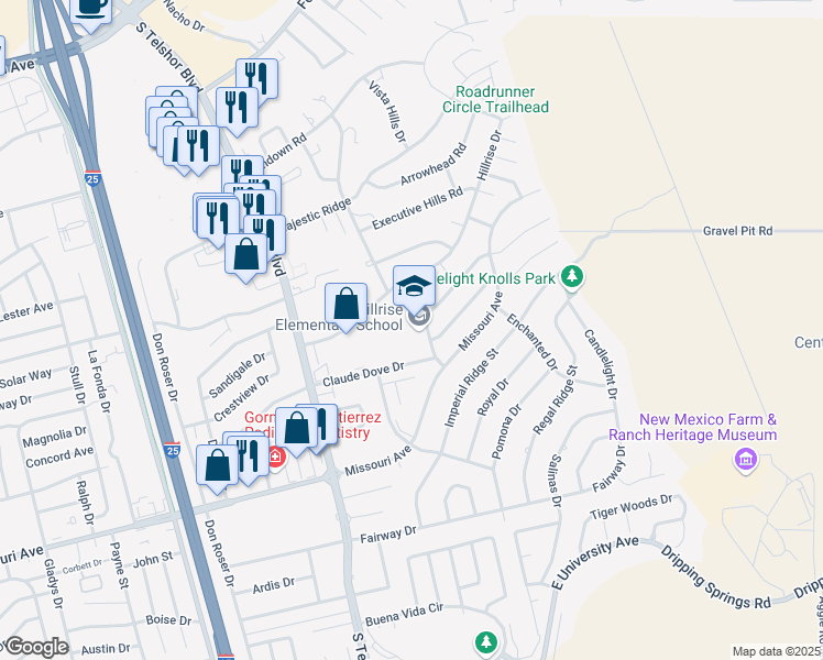 map of restaurants, bars, coffee shops, grocery stores, and more near 1400 Curnutt Street in Las Cruces
