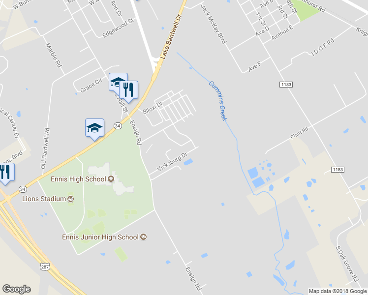 map of restaurants, bars, coffee shops, grocery stores, and more near 2213 Natchez Drive in Ennis