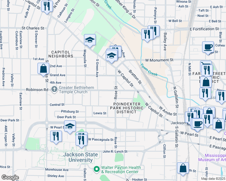 map of restaurants, bars, coffee shops, grocery stores, and more near 1017 Robinson Street in Jackson