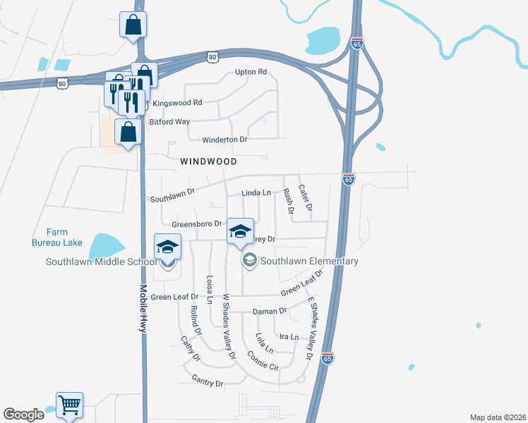 map of restaurants, bars, coffee shops, grocery stores, and more near 328 Linda Lane in Montgomery