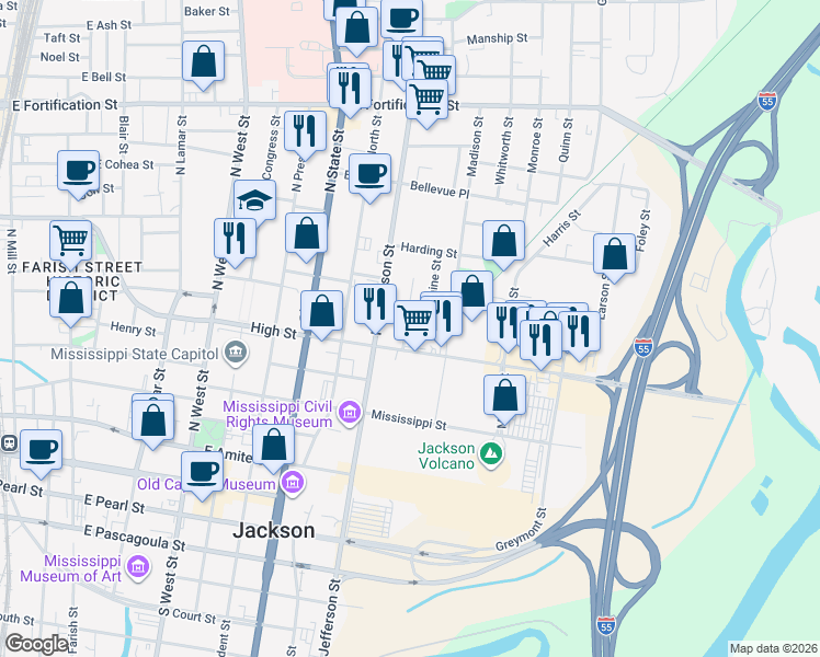map of restaurants, bars, coffee shops, grocery stores, and more near 645 Rio Street in Jackson
