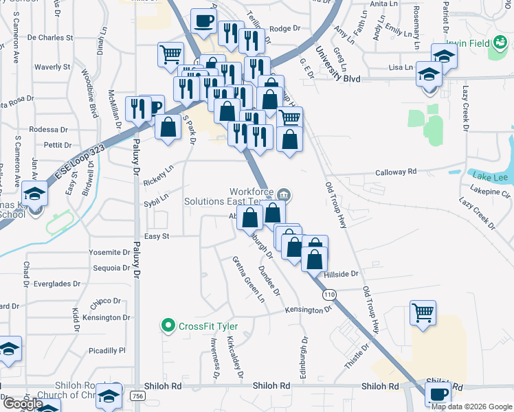 map of restaurants, bars, coffee shops, grocery stores, and more near 2502 Villa Court in Tyler