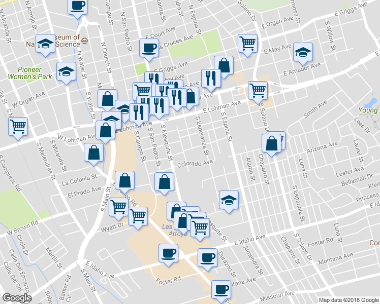 map of restaurants, bars, coffee shops, grocery stores, and more near 602 Texas Avenue in Las Cruces
