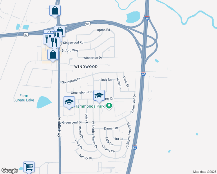 map of restaurants, bars, coffee shops, grocery stores, and more near 328 Linda Lane in Montgomery
