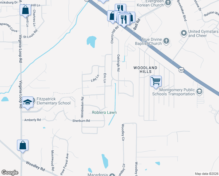 map of restaurants, bars, coffee shops, grocery stores, and more near 6056 Briarhurst Drive in Montgomery
