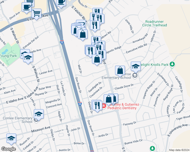 map of restaurants, bars, coffee shops, grocery stores, and more near 1225 Ridgemont Drive in Las Cruces