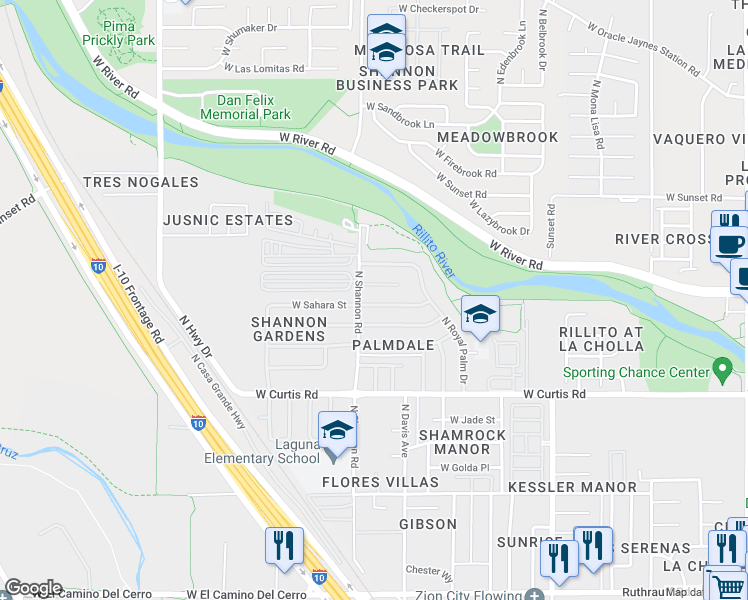 map of restaurants, bars, coffee shops, grocery stores, and more near 2877 West Palmetto Street in Tucson