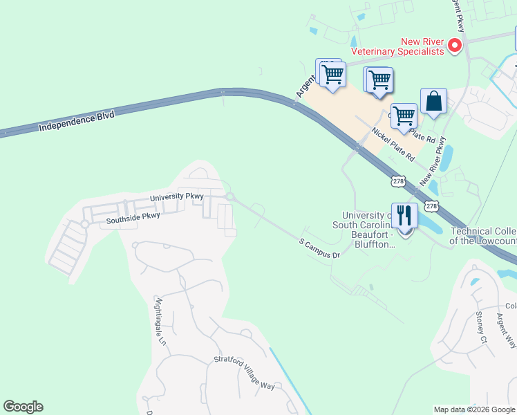map of restaurants, bars, coffee shops, grocery stores, and more near 114 Semester Road in Bluffton