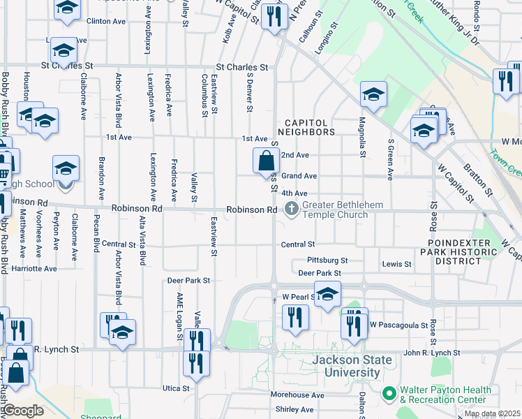 map of restaurants, bars, coffee shops, grocery stores, and more near 605 South Prentiss Street in Jackson