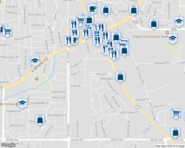 map of restaurants, bars, coffee shops, grocery stores, and more near 2111 Villa Drive in Tyler