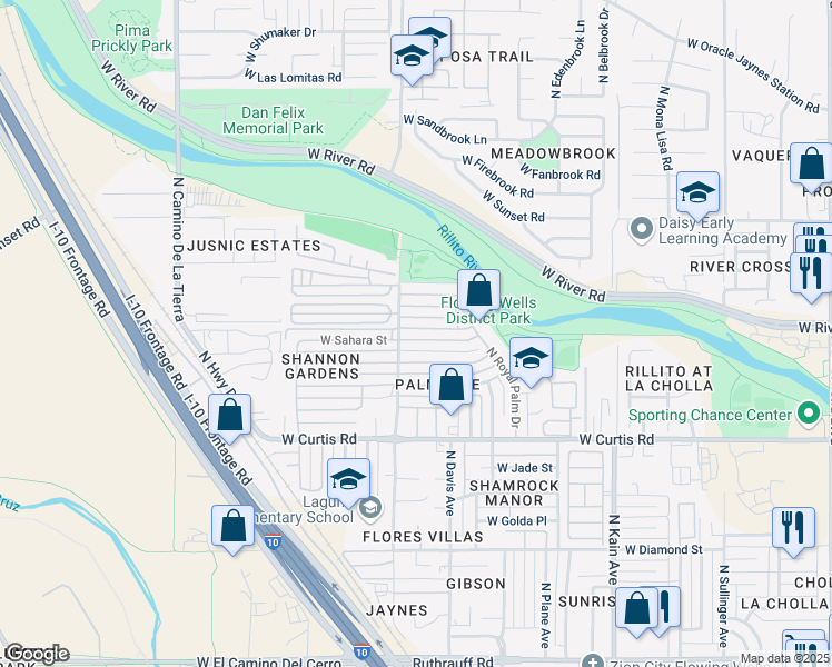 map of restaurants, bars, coffee shops, grocery stores, and more near 2877 West Palmetto Street in Tucson