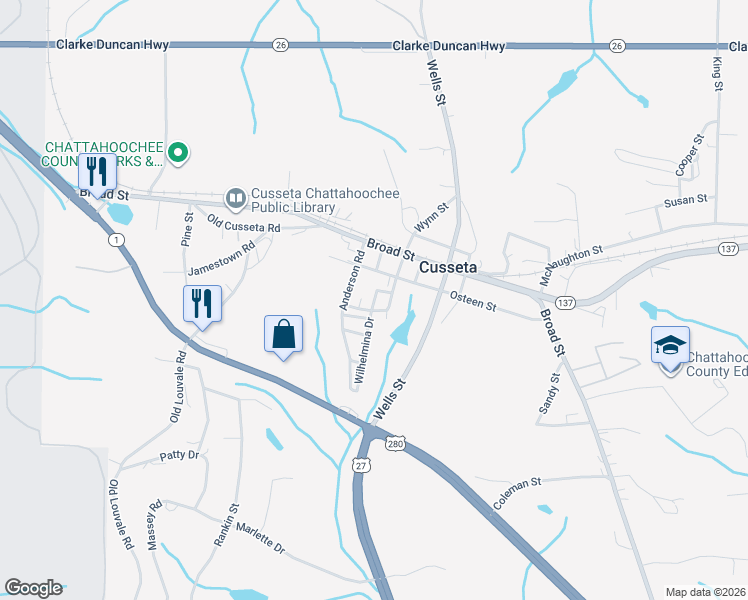 map of restaurants, bars, coffee shops, grocery stores, and more near Baker Circle in Cusseta