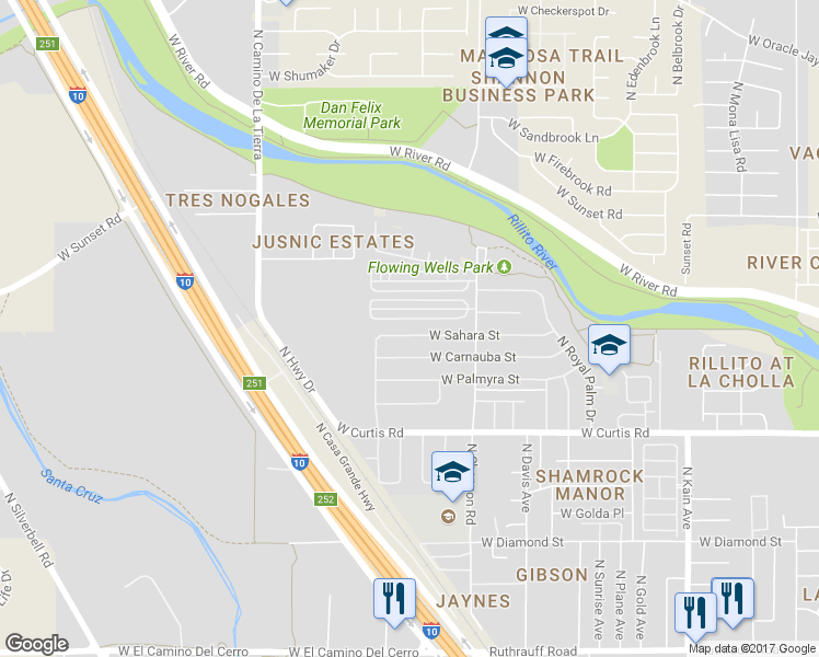 map of restaurants, bars, coffee shops, grocery stores, and more near 3018 West Sahara Street in Tucson