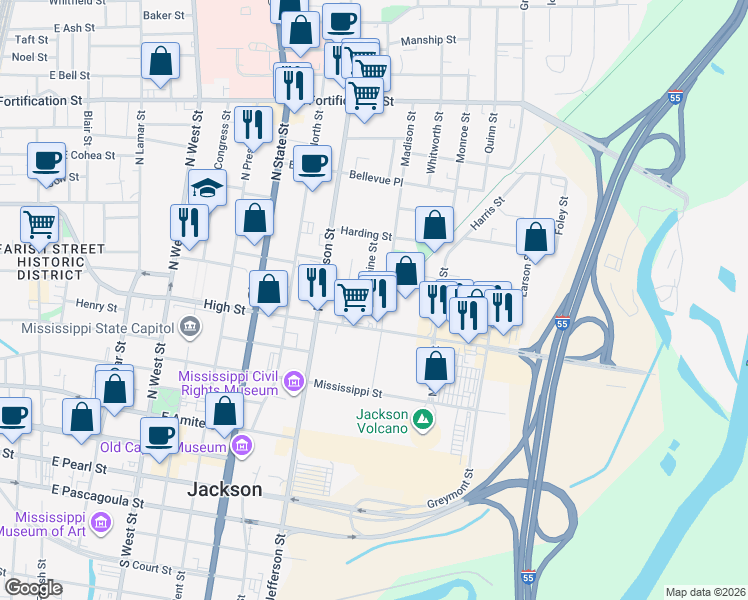 map of restaurants, bars, coffee shops, grocery stores, and more near 1032 Spengler Street in Jackson