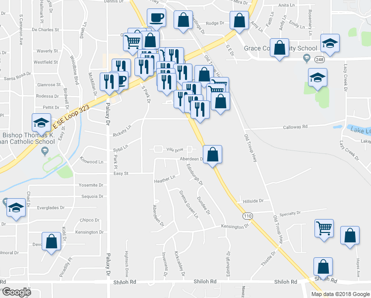 map of restaurants, bars, coffee shops, grocery stores, and more near 2502 Villa Drive in Tyler