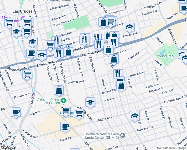 map of restaurants, bars, coffee shops, grocery stores, and more near 750 South Espina Street in Las Cruces