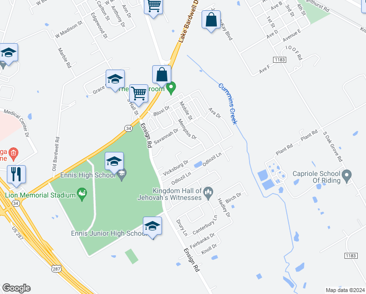 map of restaurants, bars, coffee shops, grocery stores, and more near 2201 Natchez Drive in Ennis