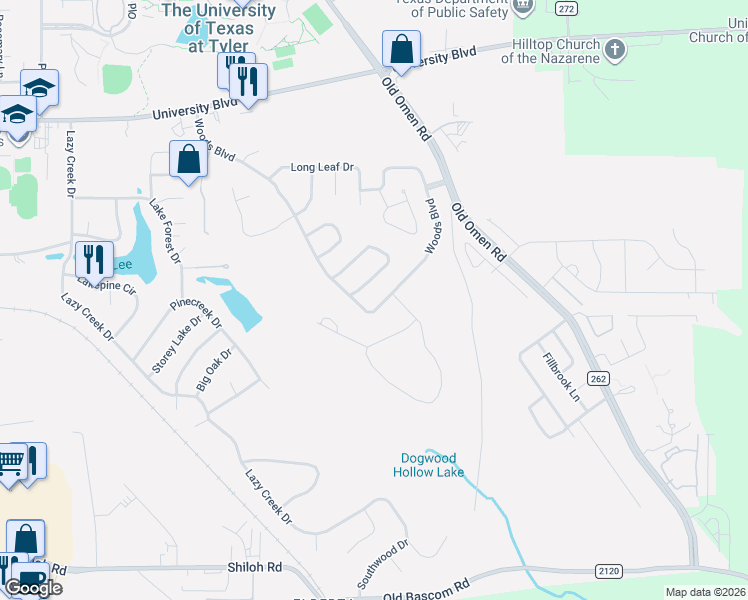 map of restaurants, bars, coffee shops, grocery stores, and more near 3662 Canyon Creek Circle in Tyler