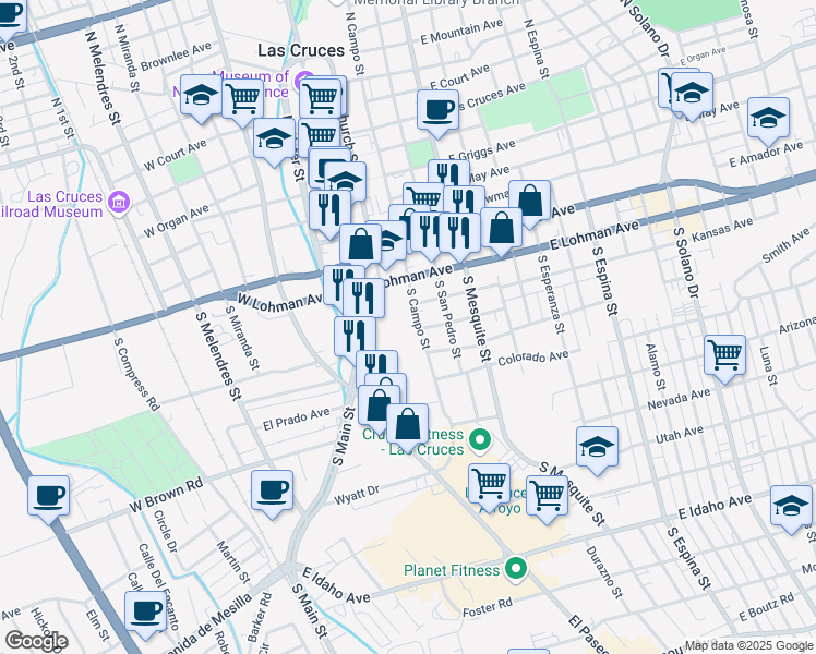 map of restaurants, bars, coffee shops, grocery stores, and more near 725 South Campo Street in Las Cruces