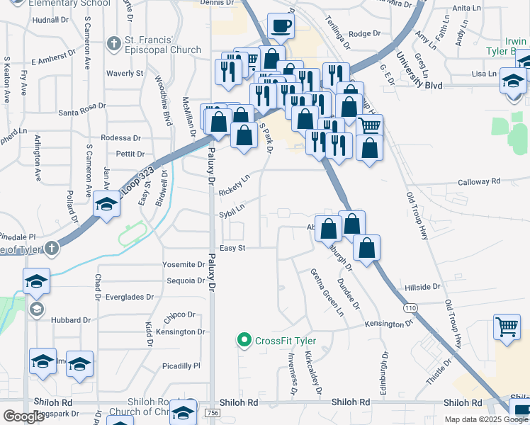 map of restaurants, bars, coffee shops, grocery stores, and more near 4102 South Park Drive in Tyler
