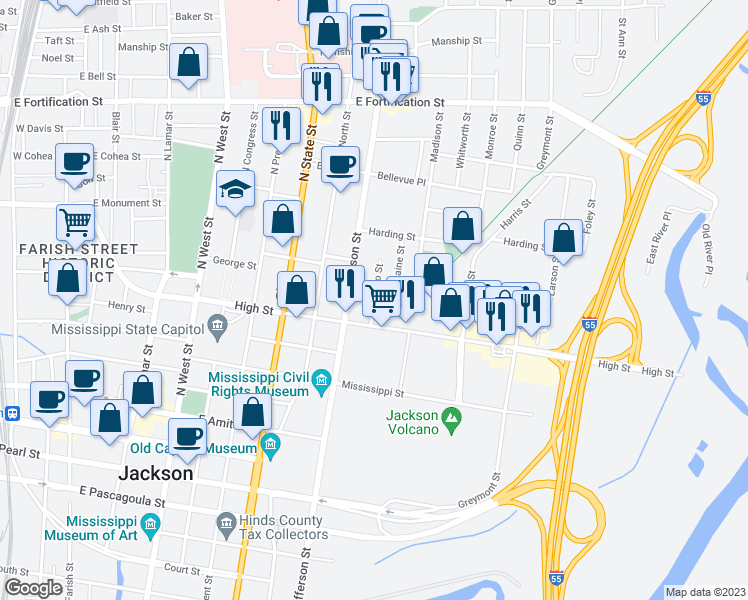 map of restaurants, bars, coffee shops, grocery stores, and more near Spengler Street in Jackson