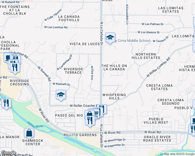 map of restaurants, bars, coffee shops, grocery stores, and more near 5405 North La Cañada Drive in Tucson