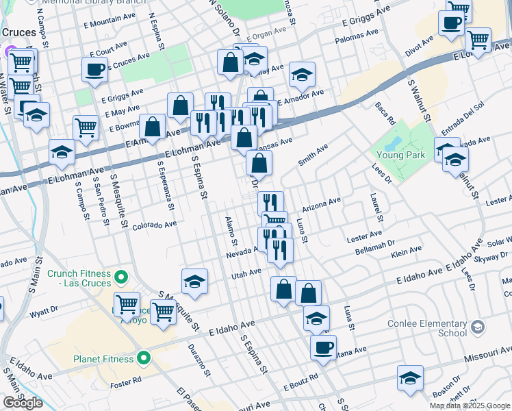 map of restaurants, bars, coffee shops, grocery stores, and more near 795 South Solano Drive in Las Cruces