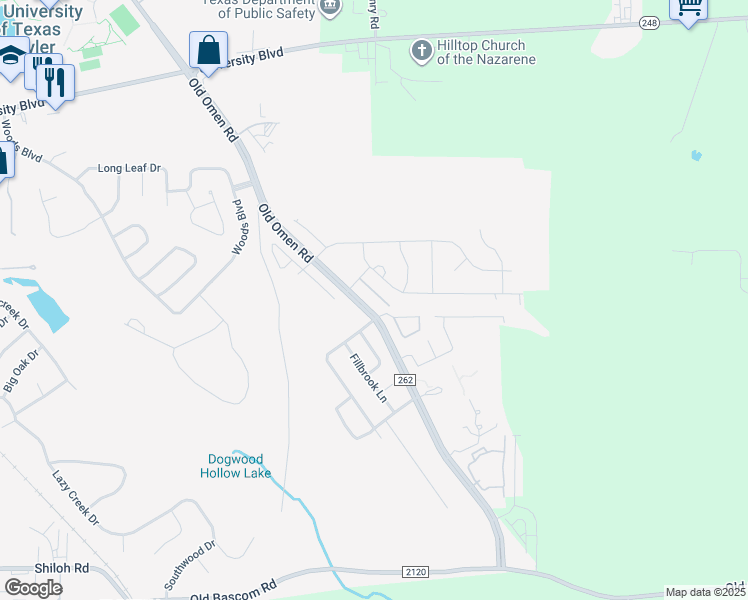 map of restaurants, bars, coffee shops, grocery stores, and more near 3988 Old Omen Road in Tyler