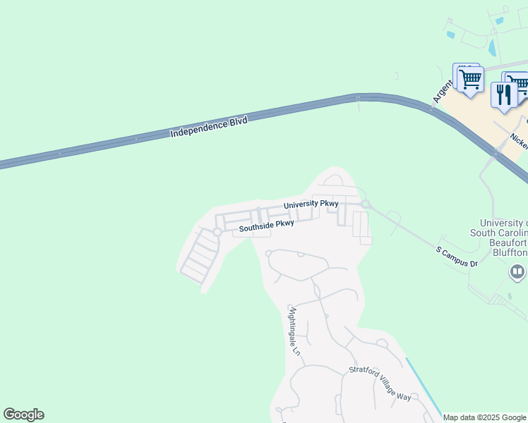map of restaurants, bars, coffee shops, grocery stores, and more near 121 Park Boulevard in Bluffton