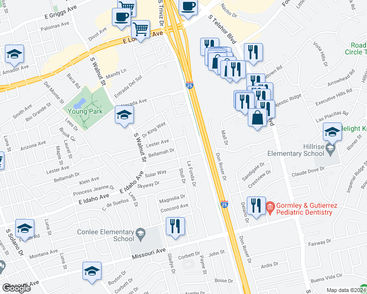 map of restaurants, bars, coffee shops, grocery stores, and more near 1131 La Fonda Drive in Las Cruces
