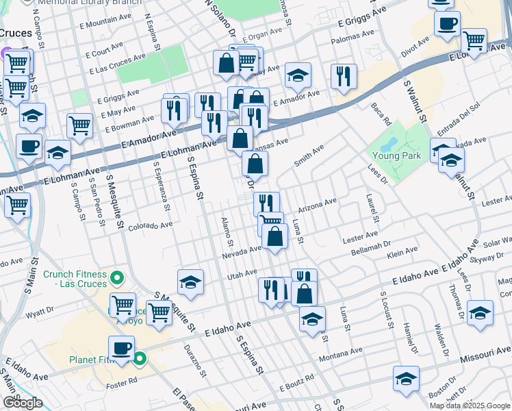 map of restaurants, bars, coffee shops, grocery stores, and more near 795 South Solano Drive in Las Cruces