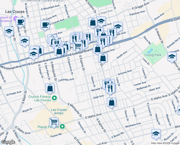 map of restaurants, bars, coffee shops, grocery stores, and more near 701 South Espina Street in Las Cruces
