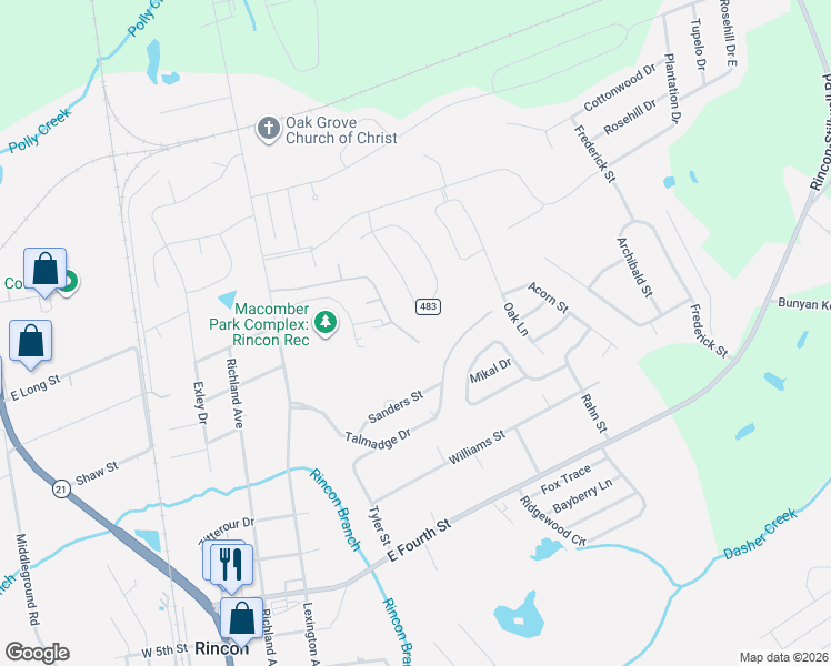 map of restaurants, bars, coffee shops, grocery stores, and more near 425 Plantation Way in Rincon