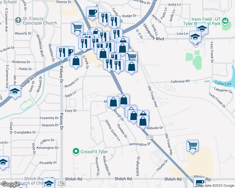 map of restaurants, bars, coffee shops, grocery stores, and more near 2502 Villa Court in Tyler