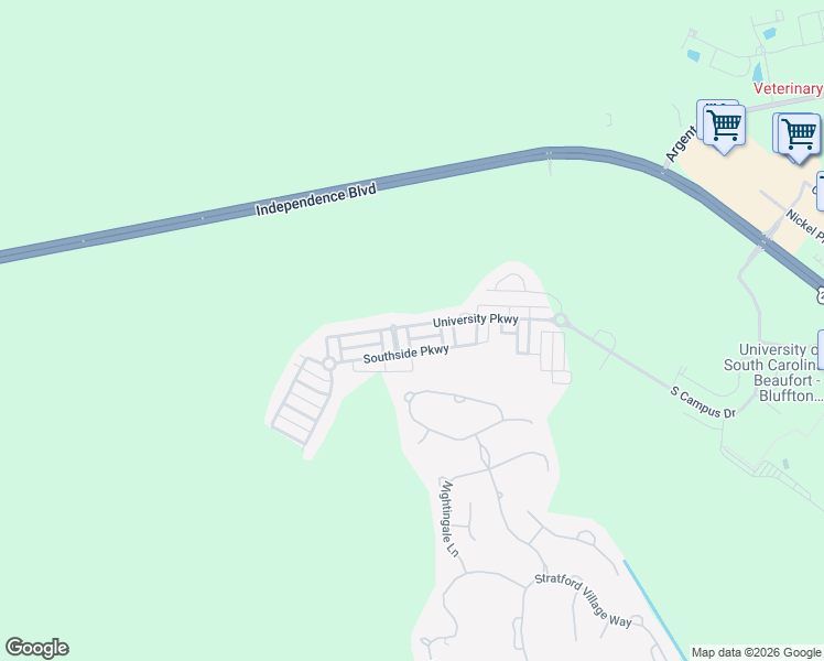 map of restaurants, bars, coffee shops, grocery stores, and more near 216 University Parkway in Bluffton