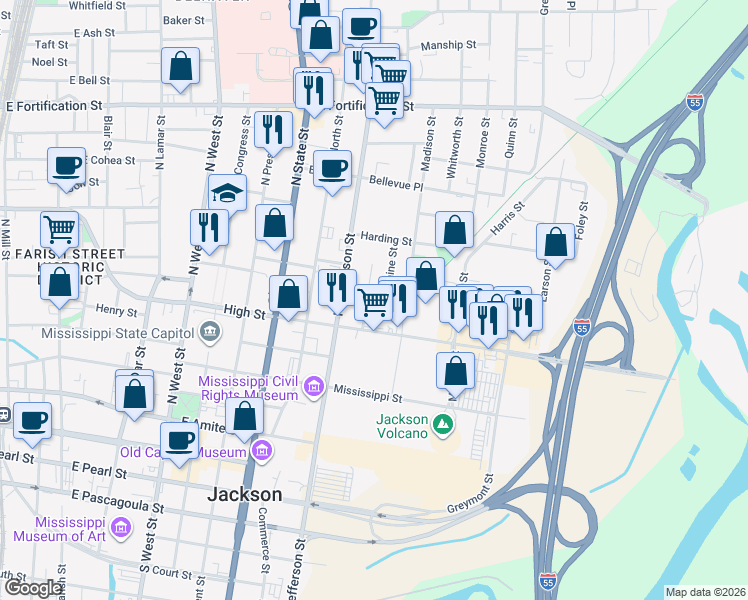 map of restaurants, bars, coffee shops, grocery stores, and more near 645 Rio Street in Jackson