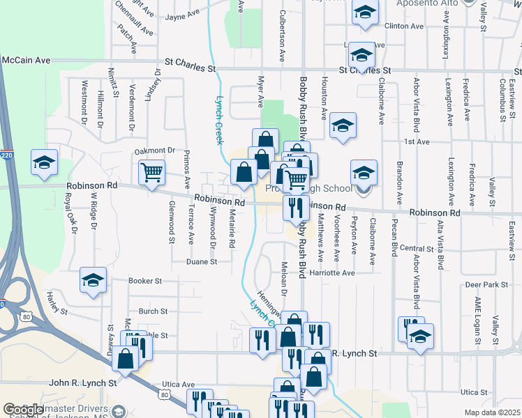 map of restaurants, bars, coffee shops, grocery stores, and more near 2635 Robinson Street in Jackson