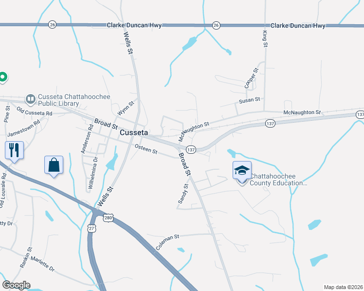 map of restaurants, bars, coffee shops, grocery stores, and more near 108 McNaughton Street in Cusseta